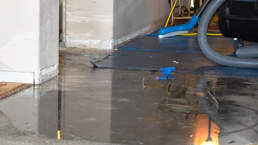 Water extraction hose and wand on a wet floor