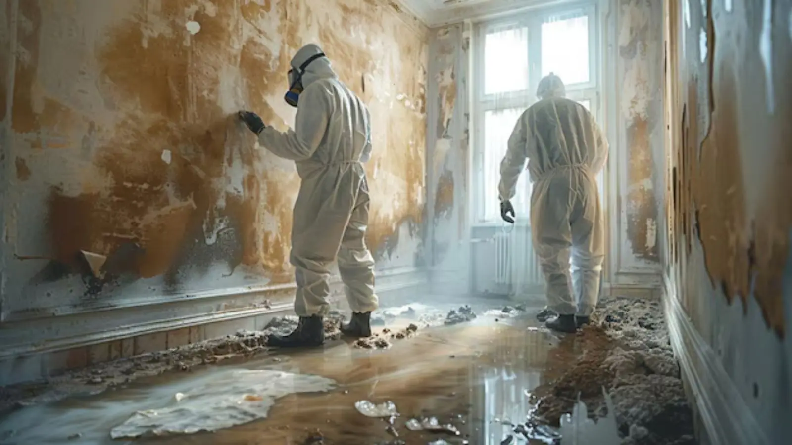 Two workers in protective suits assessing mold on the walls of a water-damaged room