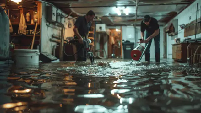 Two workers extracting standing water from a flooded basement