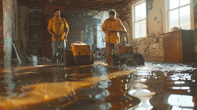 Two technicians cleaning a water-damaged room with an extraction machine